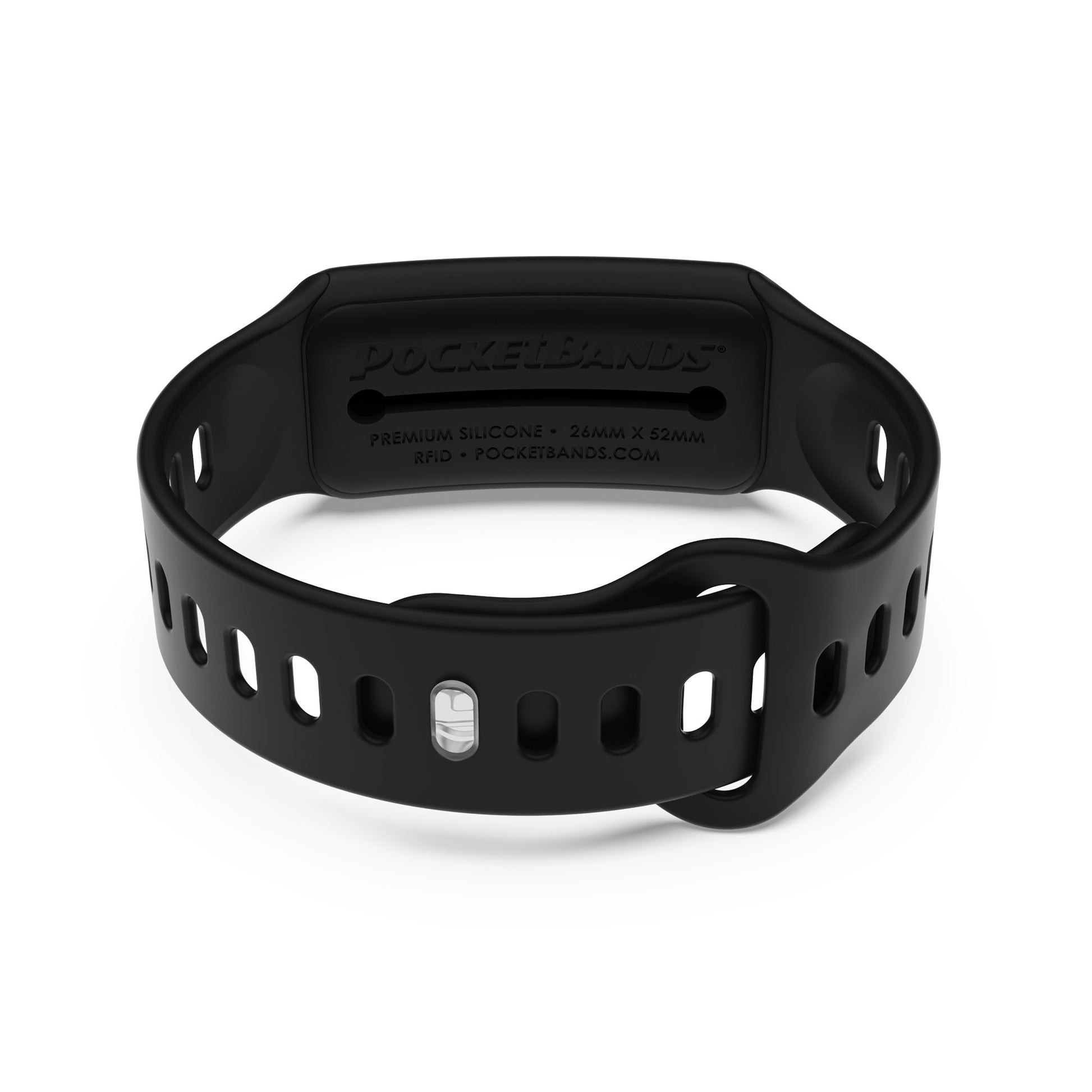 Black Pocketbands NFC bracelet rear view showing YubiKey slot - RFID wristband